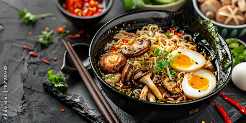 black bowl filled with noodles, mushrooms, and a soft-boiled egg, all topped with green herbs The bowl is placed on a dark surface, surrounded by chopsticks and small bowls containing spices and addit