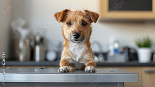 Brown and White Dog Sitting on a Counter