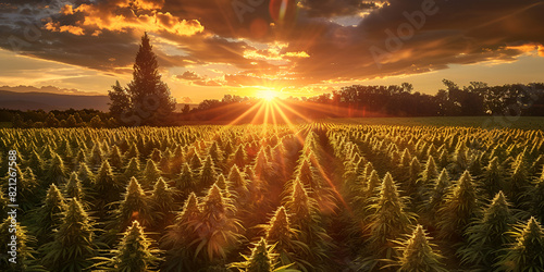 field of cannabis plants with a golden sunset in the background photo