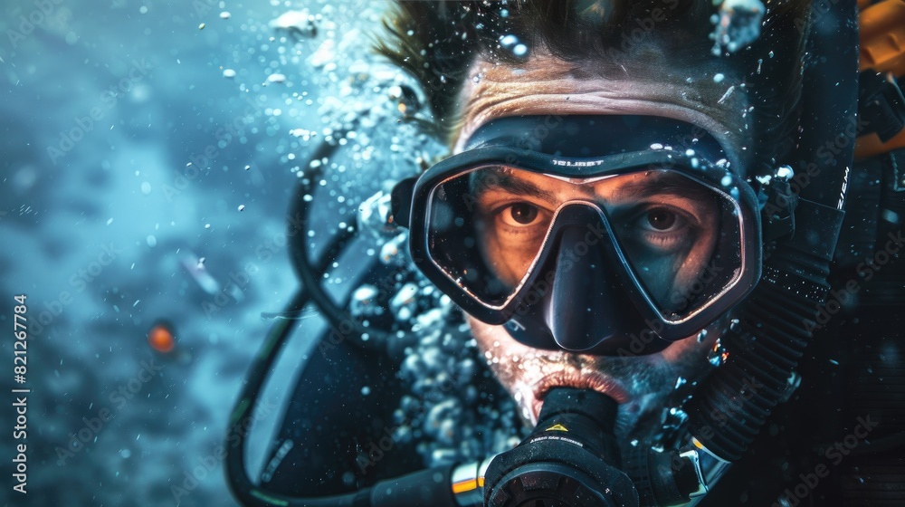 Portrait of scuba diver underwater with fish. scuba diving in deep blue sea banner. explores Coral Reef in Tropical Sea Portrait of scuba diver underwater with fish. scuba diving in deep blue sea banner. explores Coral Reef in Tropical Sea