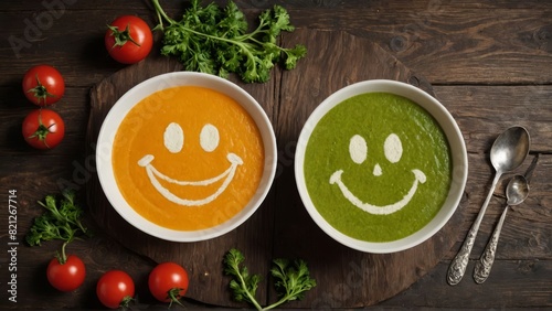 Funny food. Cream soup with vegetable smiley puree soup with a smile as decoration.