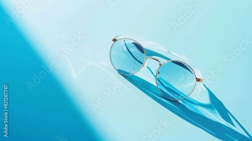 Pair of glasses resting on vibrant blue tabletop