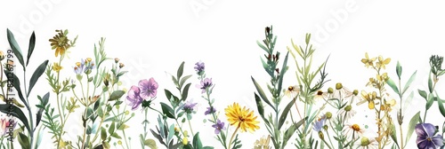 Floral Frame with Watercolor Herbs and Flowers on White Background for Decoration or Design Generative AI © Stefan