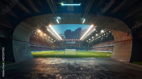 Fototapeta Naklejka Na Ścianę i Meble -  Stadium tunnel leading to soccer field. Players, athletes entrance to illuminated football stadium full of fans. Digital 3D model