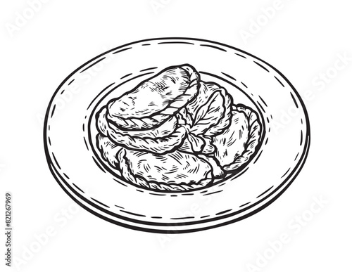 Dumplings vareniki in a plate. Hand drawn vector illustration, sketch on a white background.