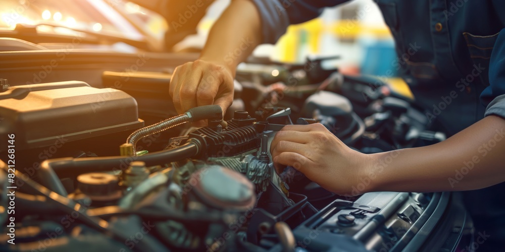 A mechanic's hands are busy at work with tools as they perform maintenance on a car engine, showcasing the complexity