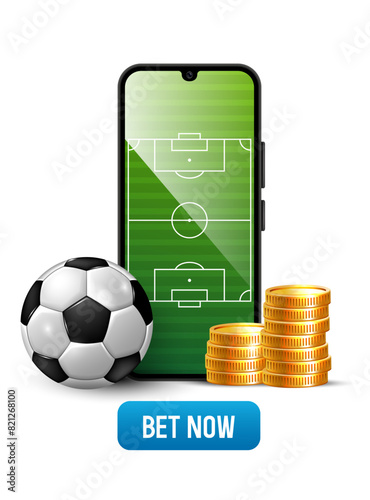 Sports betting advertising banner. Smartphone with a football field on the screen. Soccer ball and gold coins. Vector illustration.