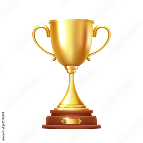 Golden goblet on a wooden stand. Vector 3d clipart.