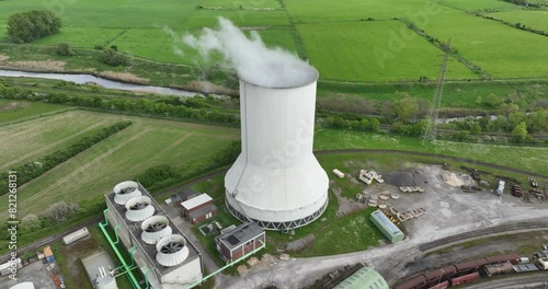 Aerial drone view of a smoking smokestack at a chemical park in Rheinberg, North Rhine Westphalia, Germany. photo