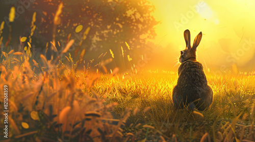 An attentive rabbit looks through a sunlit pasture