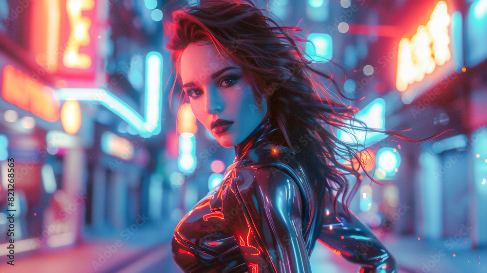 Portrait of young woman under neon light , futuristic neon studio . Portrait of young woman under neon light , futuristic neon studio .