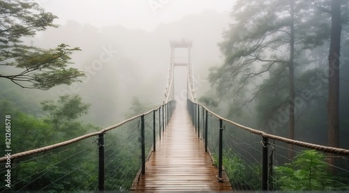 Suspension bridge over a misty forest