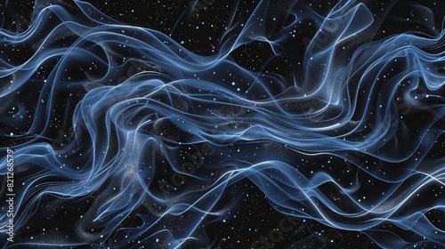 3d render of dark blue lines with white dots, glowing waves and swirls on black background