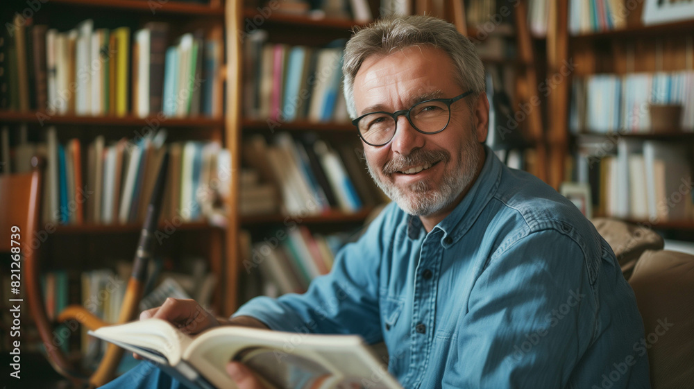 middle-aged man with glasses and a blue shirt, relaxing with a book in a cozy home library middle-aged man with glasses and a blue shirt, relaxing with a book in a cozy home library