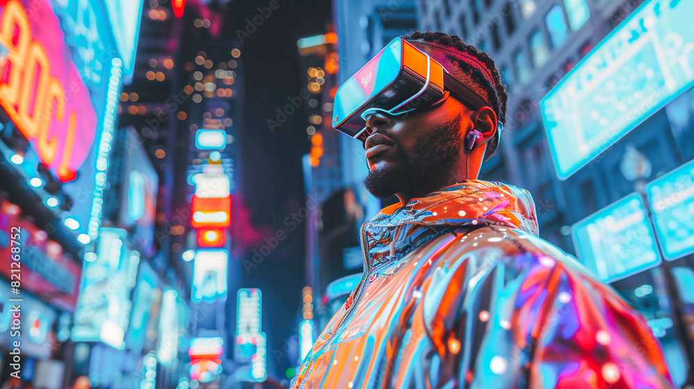 Portrait of young man wearing VR glasses under neon light , futuristic neon studio . Portrait of young man wearing VR glasses under neon light , futuristic neon studio .