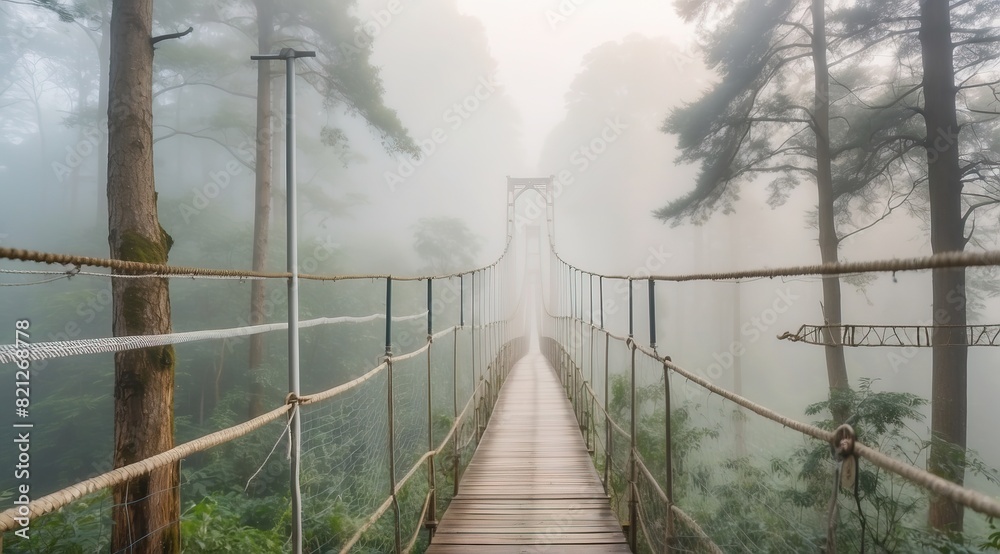 Fototapeta premium Suspension bridge over a misty forest