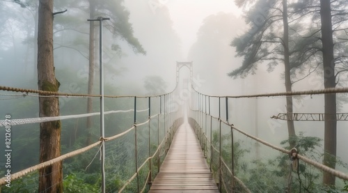 Suspension bridge over a misty forest