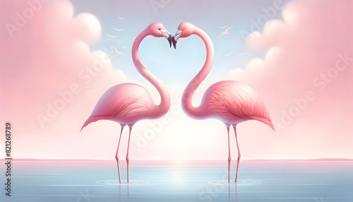 Two pink flamingos in a soft pink sky