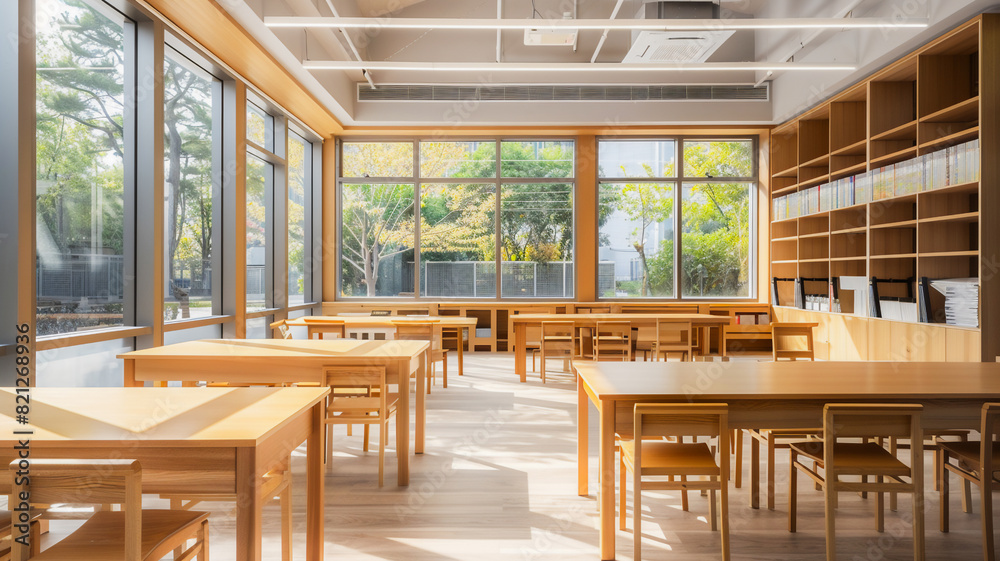 Fototapeta premium empty classroom with big window and soft light .