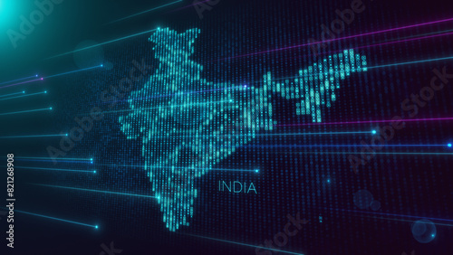 Abstract Futuristic Blue Violet Shiny Perspective Square Hud Particles Mosaic Grid And Text Of Faint Administrative India Map With Dotted Lines Light Flare