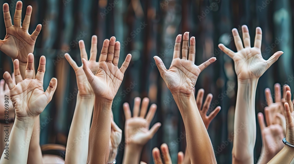 raising hands for participation and support with space for text. Volunteer raising hands for participation and support with space for text. Volunteer