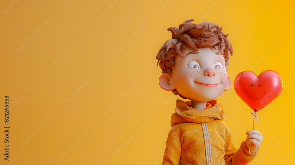 3d little boy character holding heart shaped balloon studio shot . 3d little boy character holding heart shaped balloon studio shot .