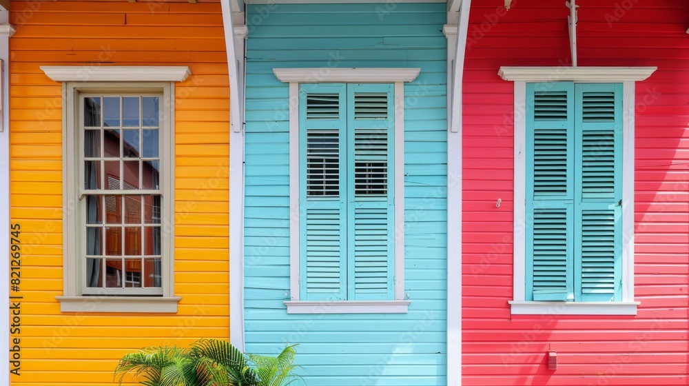 details of the facades of the houses, showing the bright colors and unique architectural details generative ai