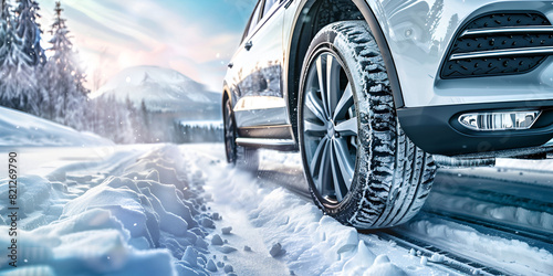 car's front wheel on a snowy road with a mountain in the background tires on snowy way summer tires
