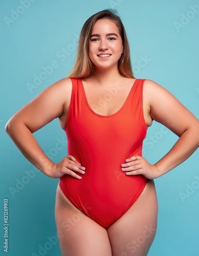 Confident Plus-Size Woman in Red Swimsuit