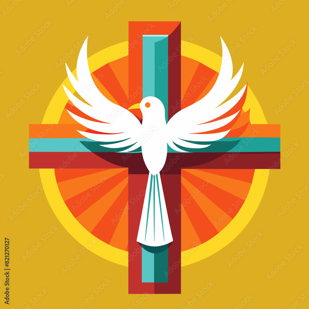 Fototapeta premium A cross with a dove flying above it, symbolizing peace and the Holy Spirit, Vector graphics element silhouette illustration