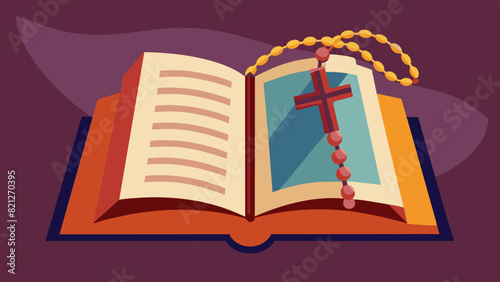 An open Bible with a rosary draped over it, Vector graphics element silhouette illustration