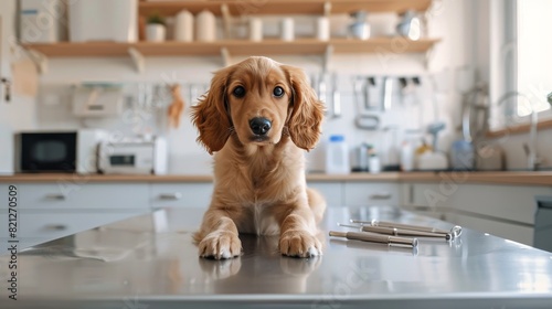 Brown and White Dog Sitting on a Counter