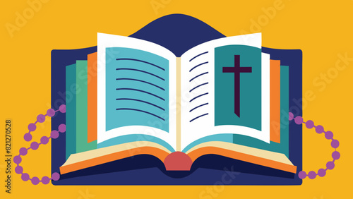 An open Bible with a rosary draped over it, Vector graphics element silhouette illustration
