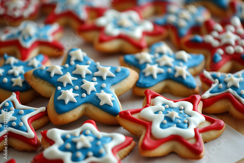 Patriotic cookies for Independence Day on 4th of July, coloured Stars and Stripes