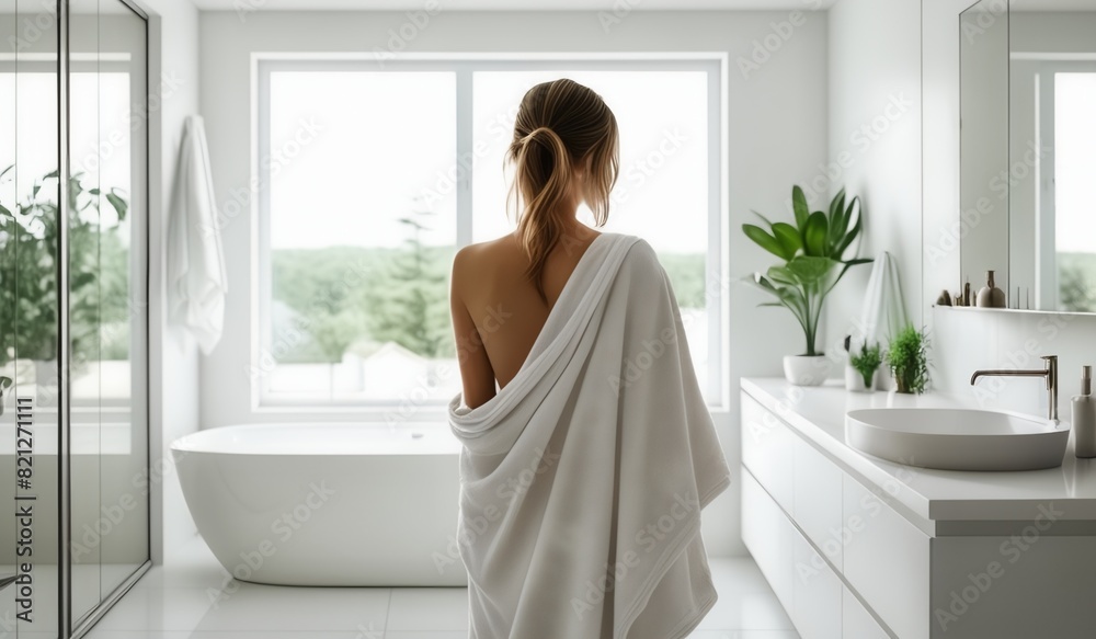 Woman Wrapped in Towel Facing Window in Minimalist Bathroom Woman Wrapped in Towel Facing Window in Minimalist Bathroom