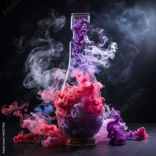 loudy smoke coming from bottle neck, blue purple and pink colors, on dark purple background, not going out of screen