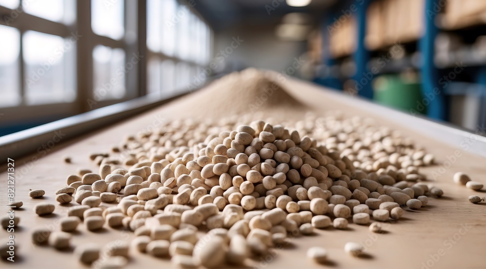 Obraz premium Manufacturing process where a conveyor belt transports biobased pellets