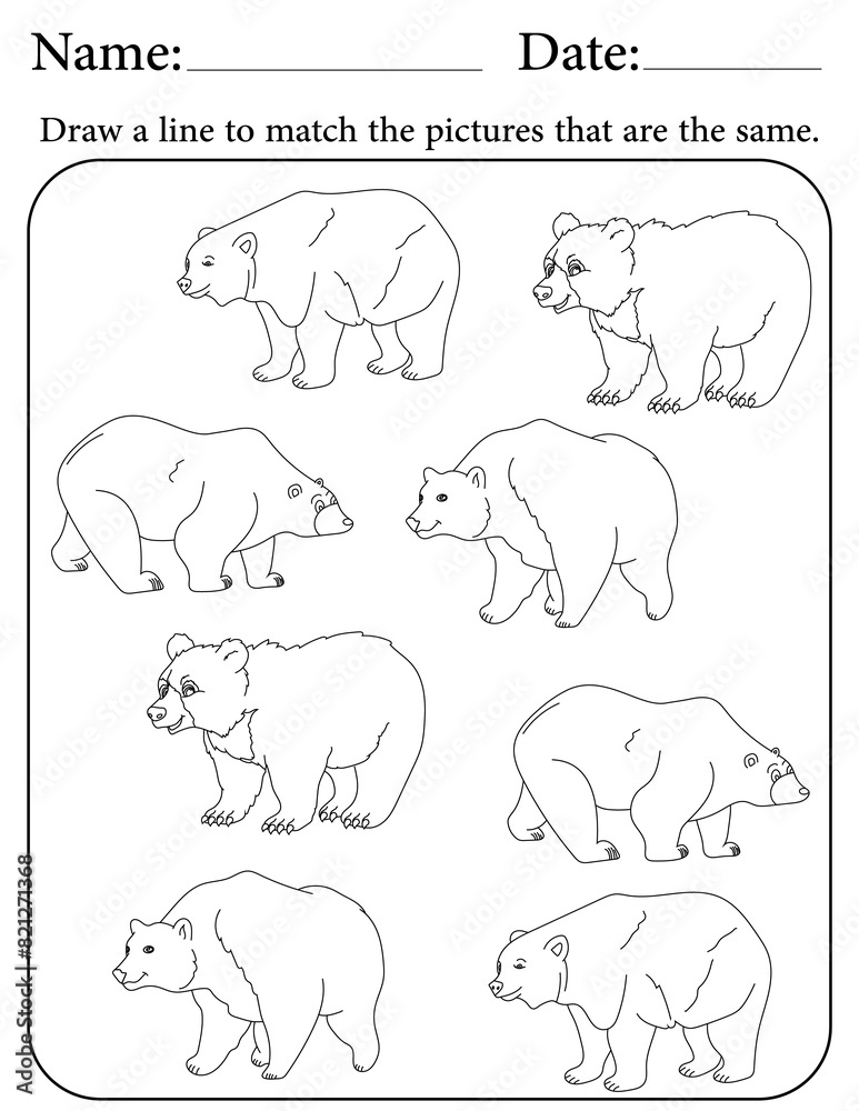 Fototapeta premium Bear Puzzle. Printable Activity Page for Kids. Educational Resources for School for Kids. Kids Activity Worksheet. Match Similar Shapes