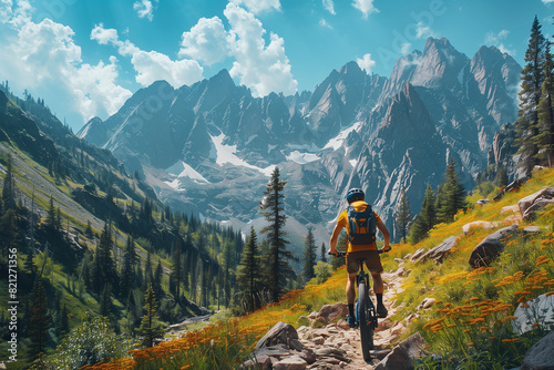A mountain biker bathed in sunshine skillfully navigating a snaking path against the towering backdrop of the Rocky Mountains