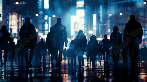 Silhouette of a group of people walking in the city at night photo