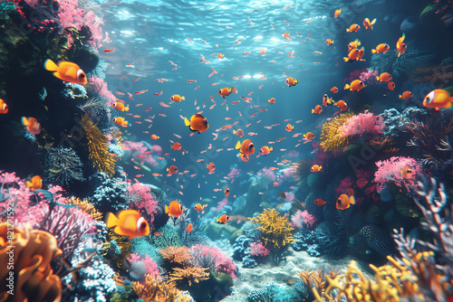 An underwater scene showing a vibrant coral reef  with colorful fish and marine life  summer concept  3D render