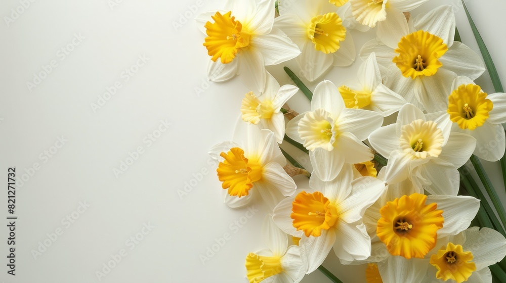 Fototapeta premium Spring composition of flowers daffodil bouquet, top view with space for copy space white background