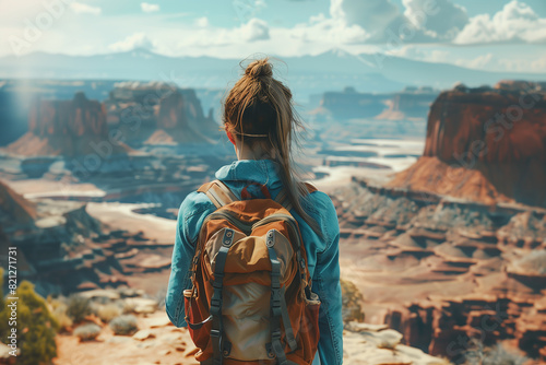 A young woman, alone in nature, seen from behind in front of a canyon, ready to cross the desert: a journey through the difficulties and trials of life, towards the unknown, adventure and freedom , 3D photo
