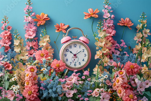 A vintage alarm clock surrounded by a vibrant array of spring flowers on a soothing pastel background, illustrating the concept of spring or summer time, 3D render