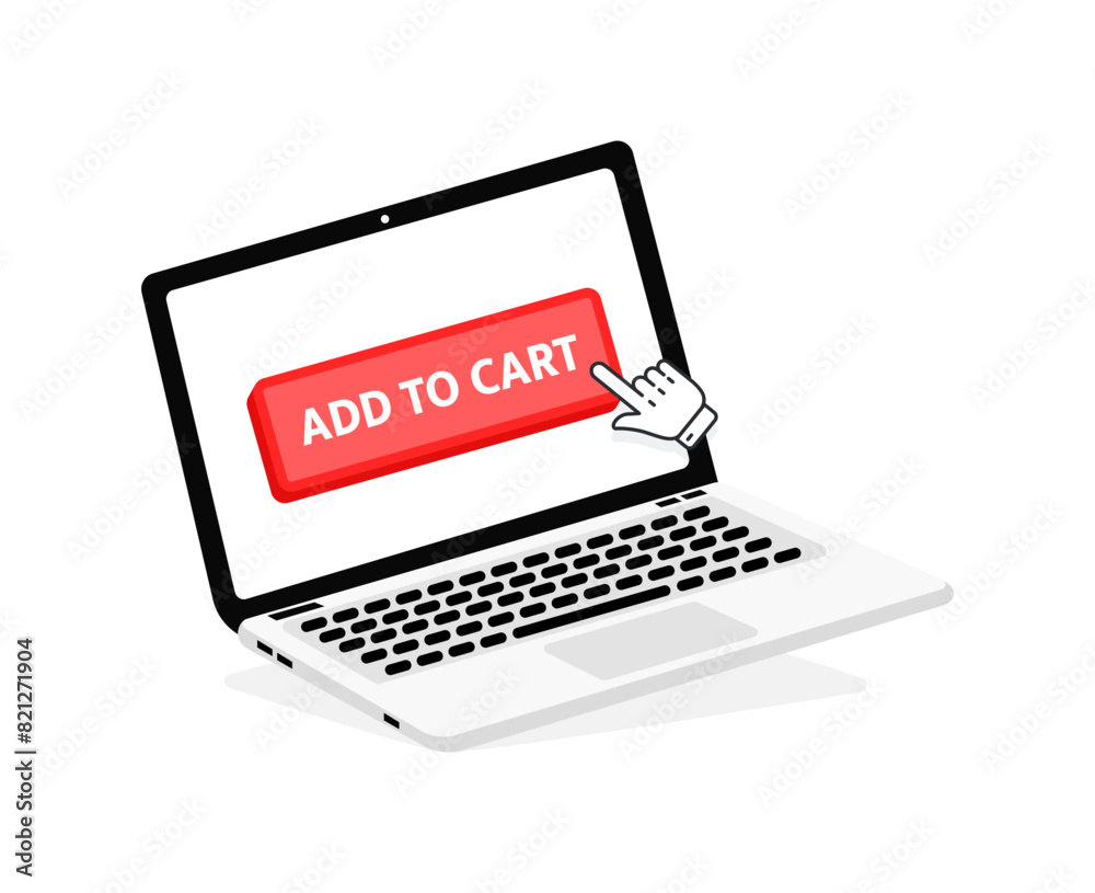 Add to cart text on Laptop screen with a red button . Button with pointer clicking. Finger Pressing Add to cart text on Laptop screen with a red button . Button with pointer clicking. Finger Pressing
