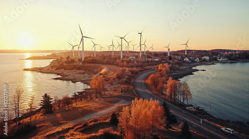 Wind turbines standing in the middle of the peninsula. Autumn scenery.