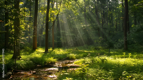 serene forest scene with a small creek running through sun shines through the trees  casting light on the green grass and creating a peaceful atmosphere