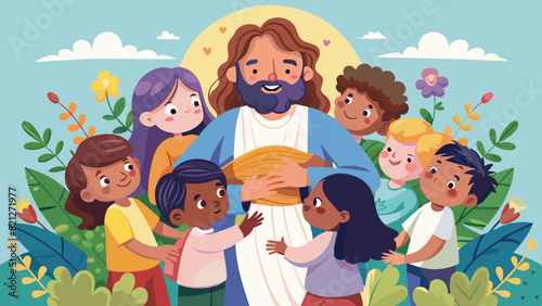 Jesus surrounded by children, illustrating his love and care for them, Vector graphics element silhouette illustration