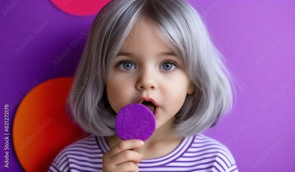 Adorable Girl with Blue Eyes Enjoying a Lollipop on Lavender Background Adorable Girl with Blue Eyes Enjoying a Lollipop on Lavender Background