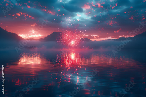 Radiant firework blooms into a dazzling display of red white and blue reflecting off a serene lake during Independence Day celebrations isolated on a gradient background, 3d render